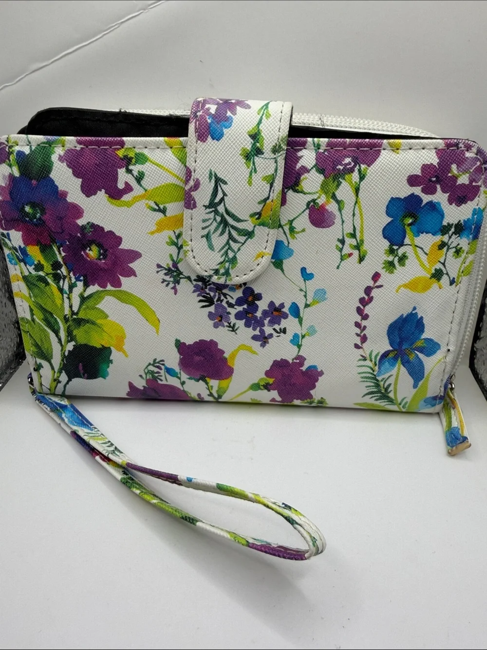 Floral Print Wristlet Clutch - White with Purple & Blue Blooms
